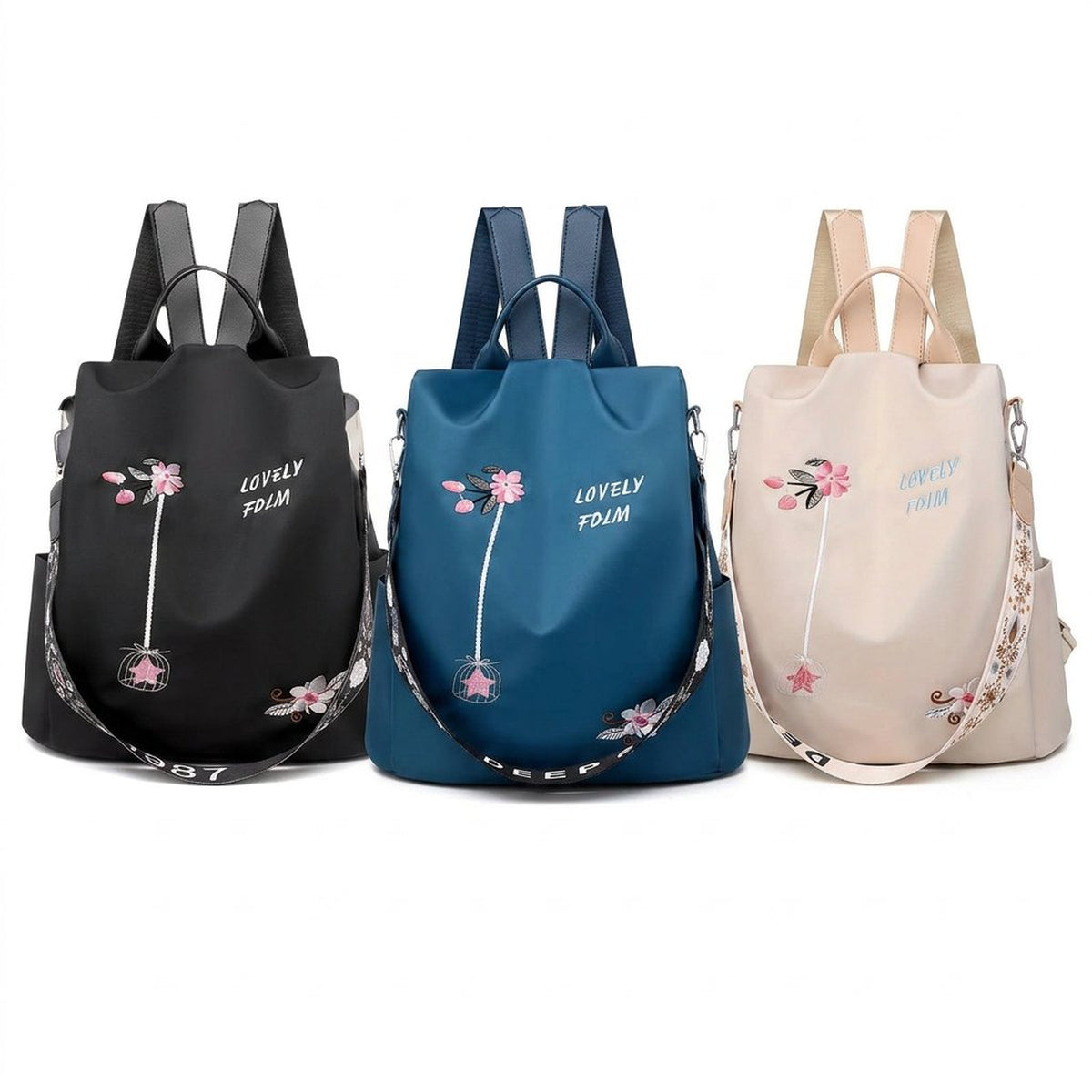 Damen-Rucksack aus Nylon mit Blumenstickerei und mehreren Taschen