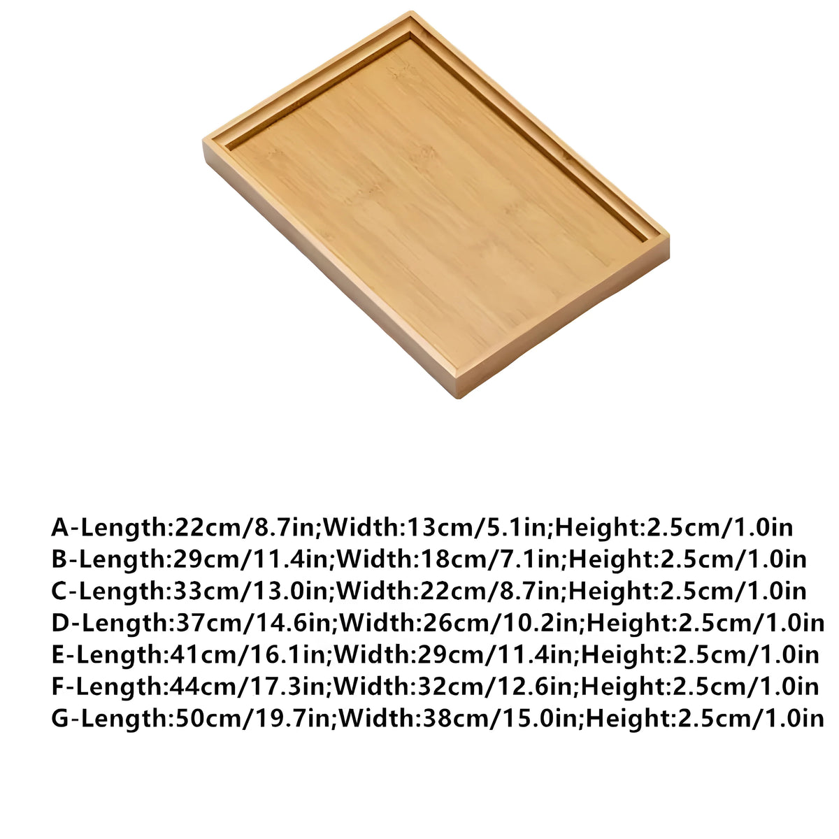Größentabelle der Bambus-Serviertabletts für die Ausführungen A bis G