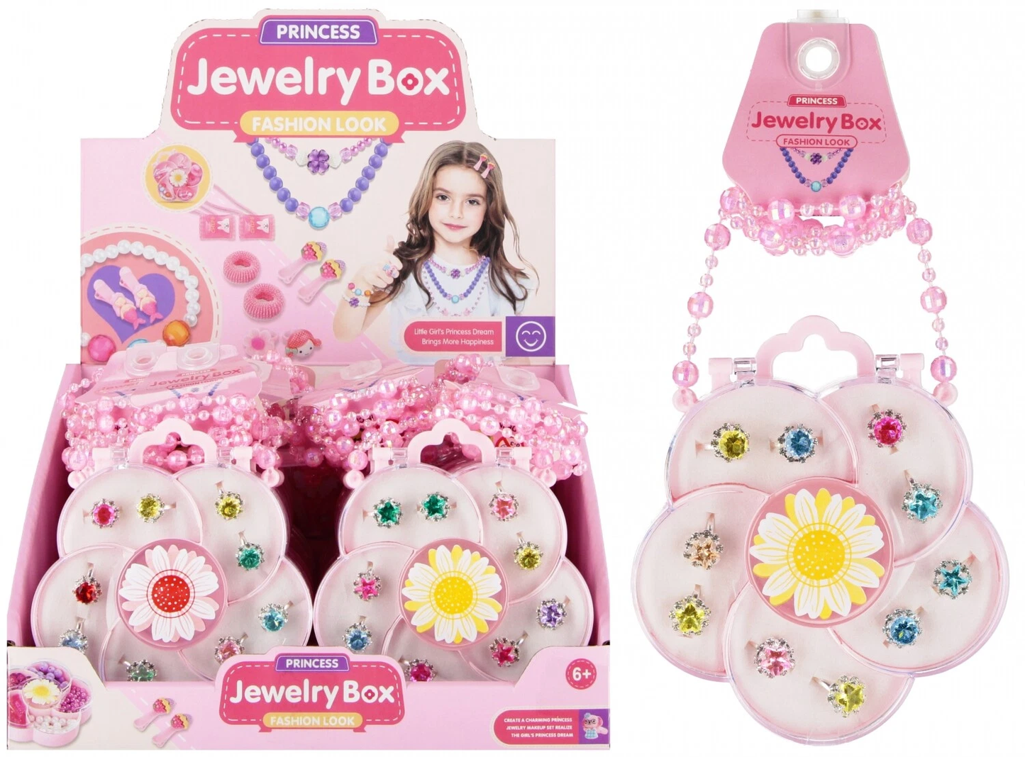 Princess Schmuckset Mädchen 10 Spielringe Blüten-Schmuckbox Rosa Kette Armband