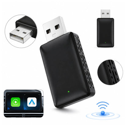 Schwarzer USB-Adapter für CarPlay und Android Auto mit Anschluss- und Detailansichten