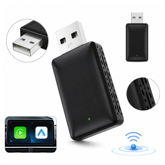 Schwarzer USB-Adapter für CarPlay und Android Auto mit Anschluss- und Detailansichten