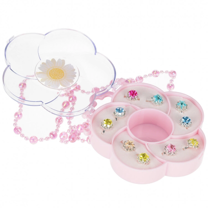 Kinder-Spielschmuck-Set: 10 Ringe, Halskette und Armband mit Blütenbox