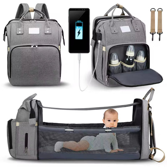 Hengyao 3-in-1 Wickelrucksack grau Vorderansicht mit Babybett