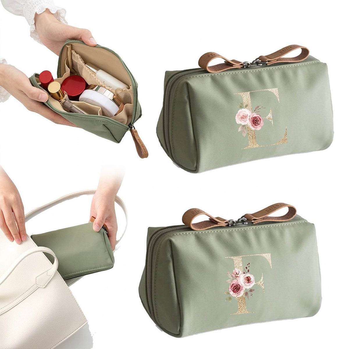 Grüne bedruckte Kosmetiktasche mit Reißverschluss und Darstellung der Innenfächer