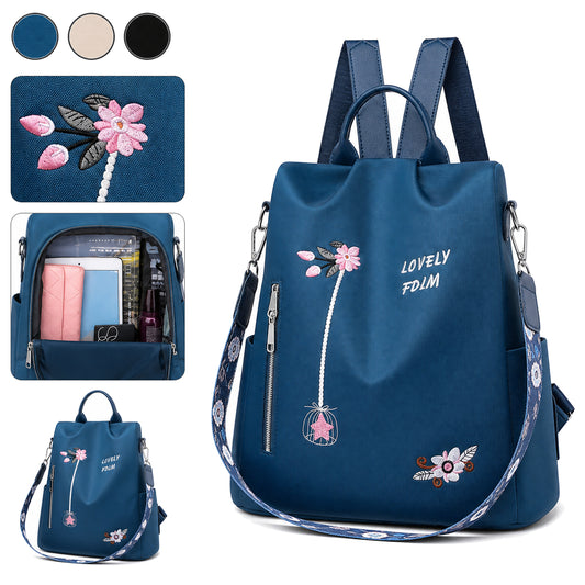 Blauer Damen-Rucksack mit Blumenstickerei und mehreren Reißverschlusstaschen