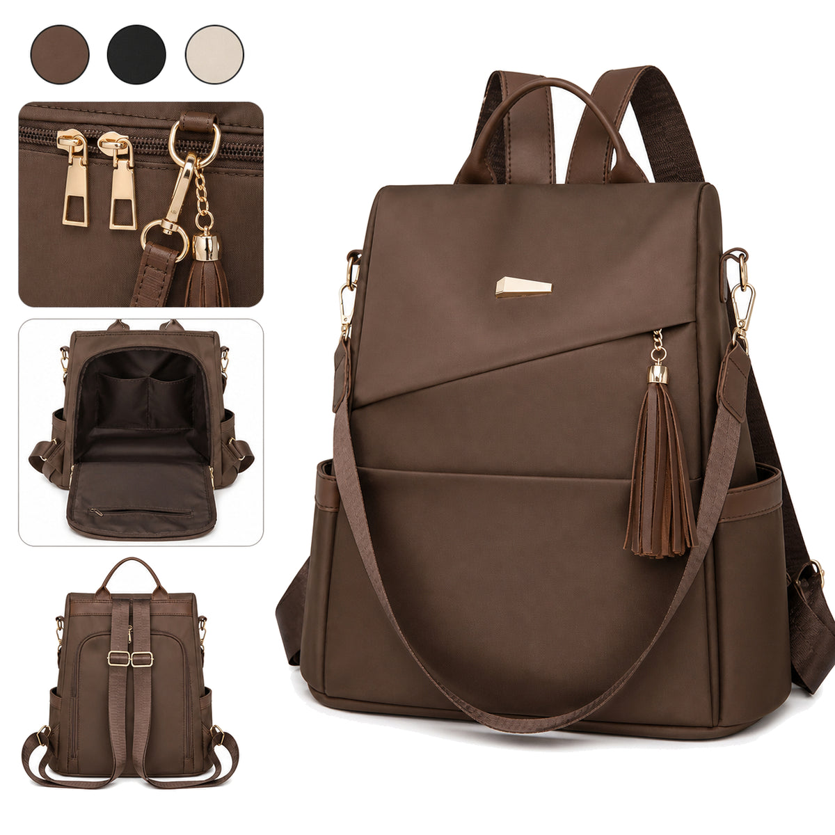 Brauner Damen-Rucksack mit Quaste und rückseitigem Reißverschluss