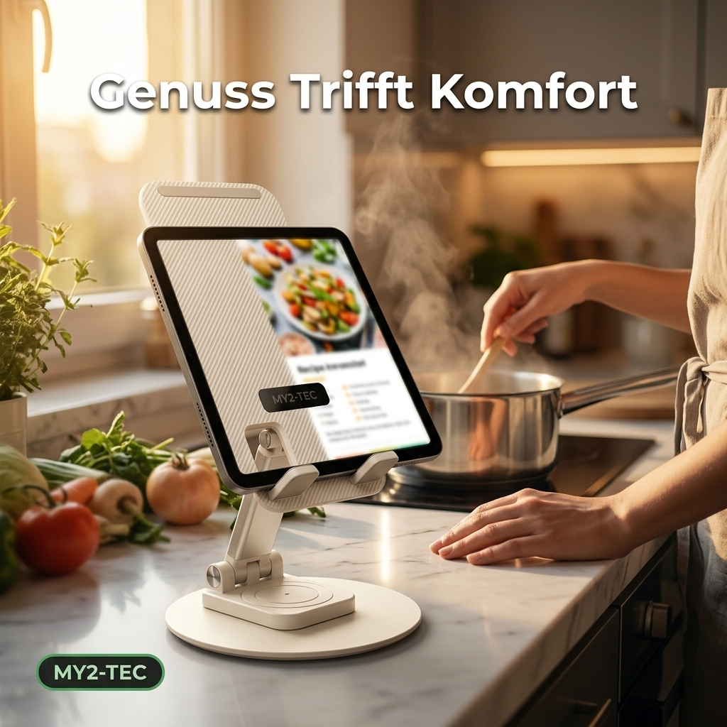 Tablet Staender im Einsatz auf Schreibtisch Home Office Szenario