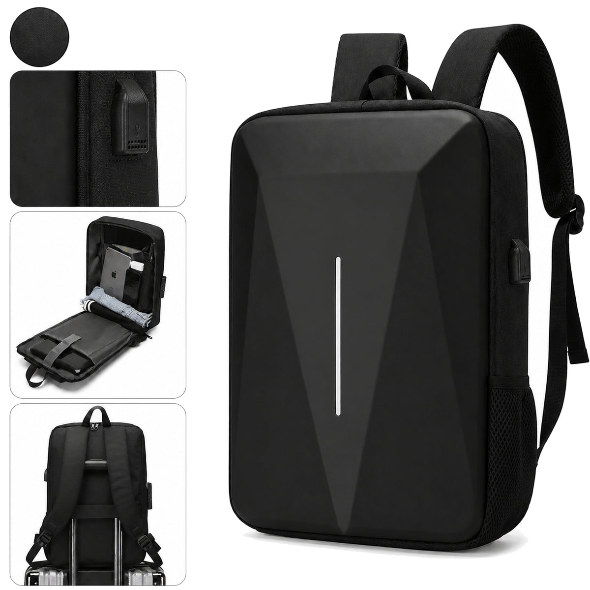 Schwarzer Hartschalen-Laptoprucksack mit Schultergurten und Anschlussdetail