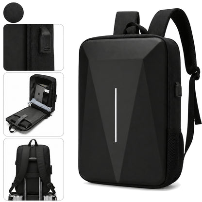 Schwarzer Hartschalen-Laptoprucksack mit Schultergurten und Anschlussdetail