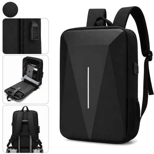 Schwarzer Hartschalen-Laptoprucksack mit Schultergurten und Anschlussdetail