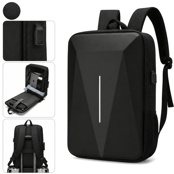 Schwarzer Hartschalen-Laptoprucksack mit Schultergurten und Anschlussdetail