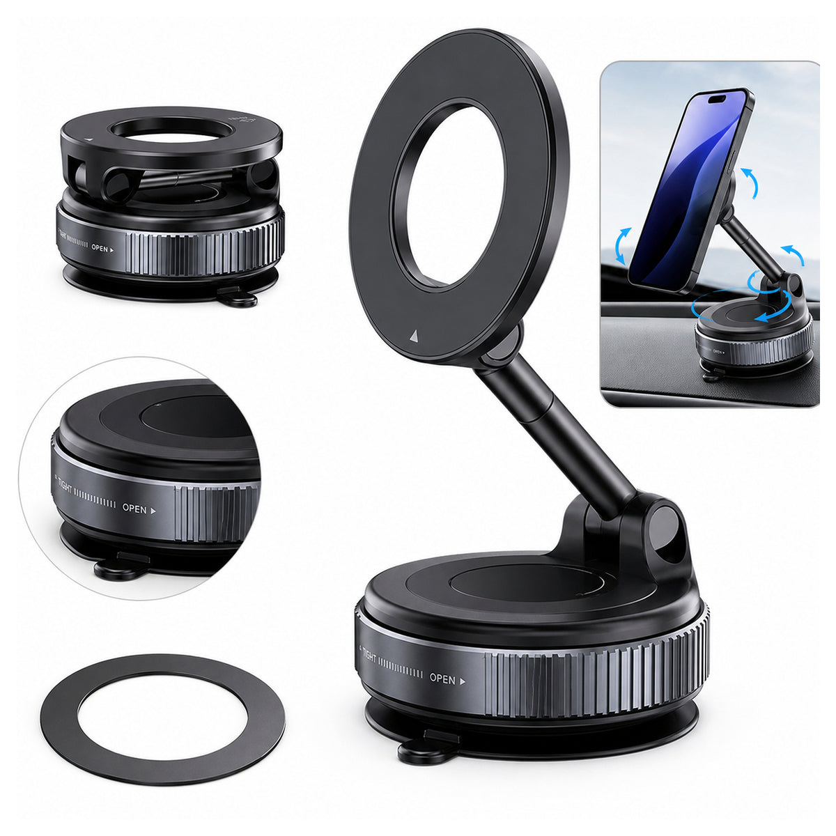 Schwarze 360°-Handyhalterung mit Magnetring, Gelenkarm und verschiedenen Befestigungen
