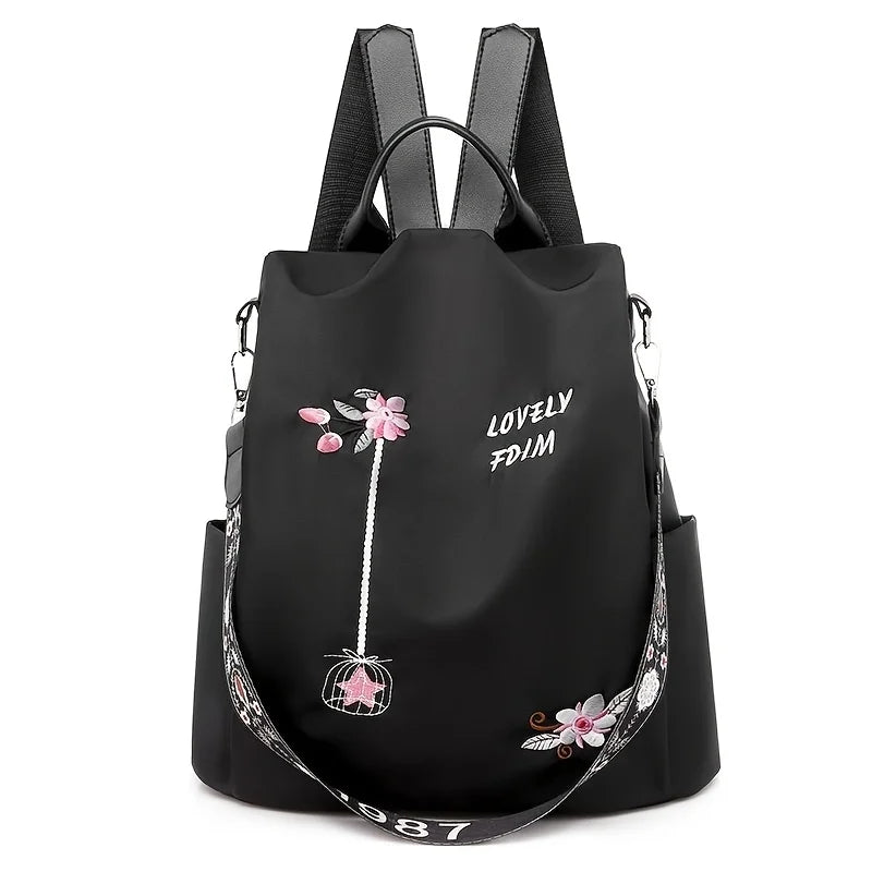 Damen-Rucksack aus Nylon mit Blumenstickerei und mehreren Taschen