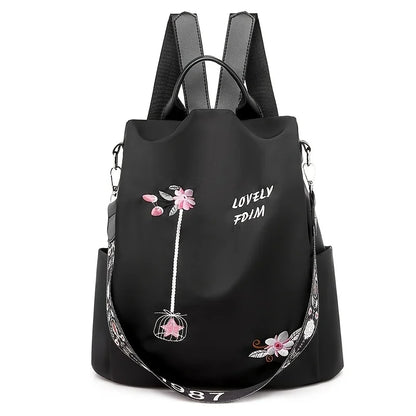 Damen-Rucksack aus Nylon mit Blumenstickerei und mehreren Taschen