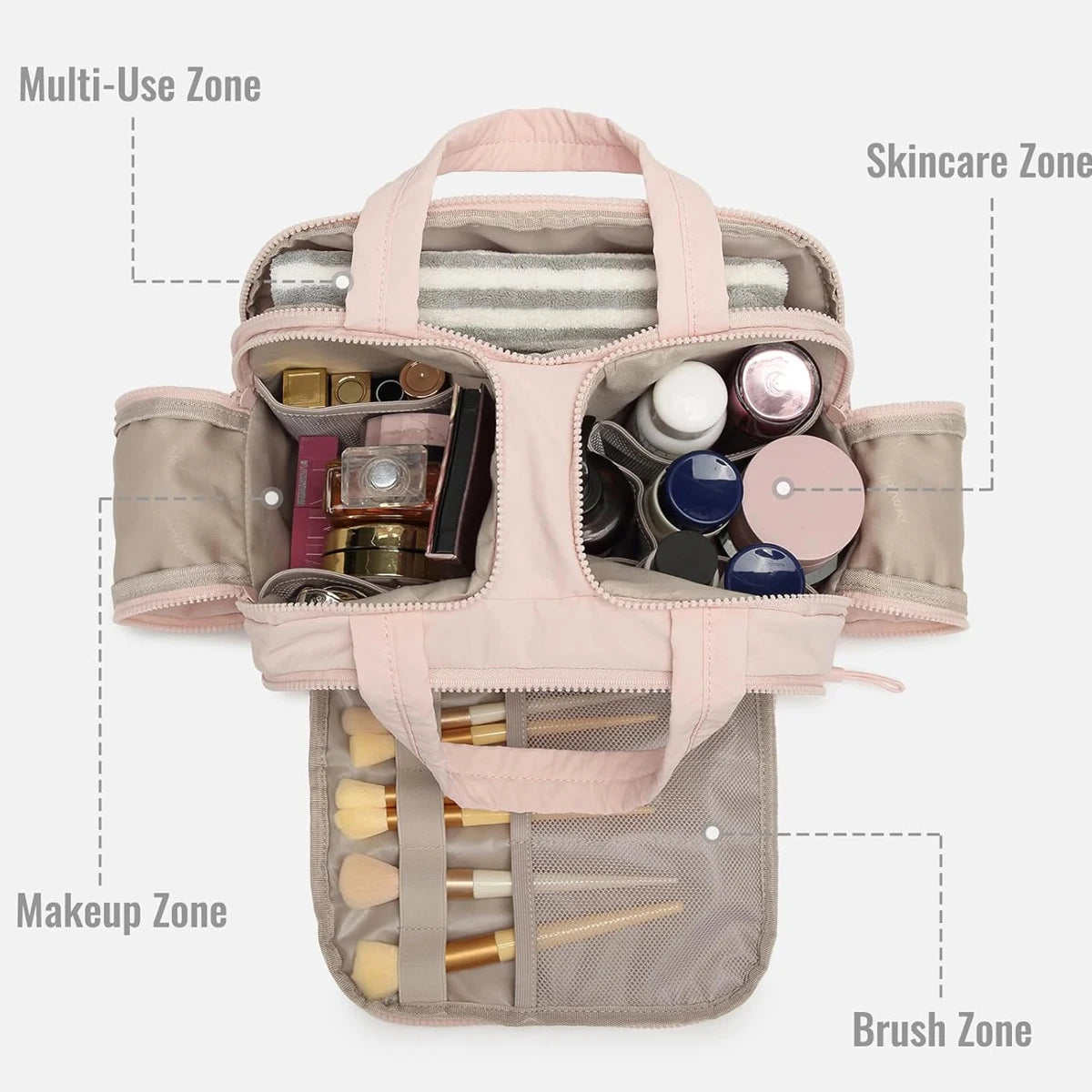 Kosmetik Reisetasche geoeffnet mit Fächern cosmetic bag open compartments