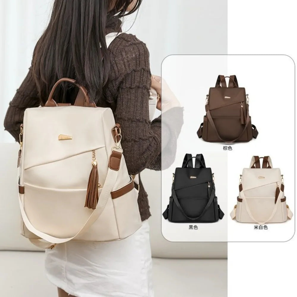 Damen Nylon Anti-Diebstahl Rucksack Quaste braun schwarz beige women nylon anti-theft backpack tassel
