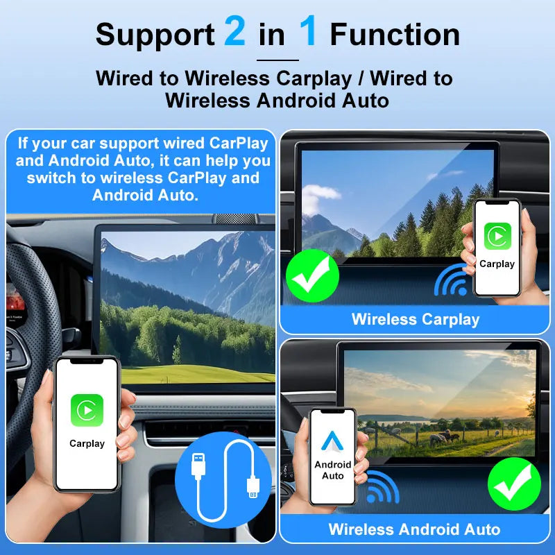 2026 Wireless CarPlay Android Auto Adapter 2-in-1 5GHz WLAN USB Plug and Play