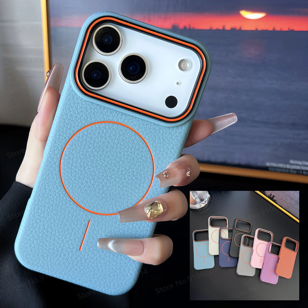 Blaue iPhone-Hülle mit Lychee-Struktur und Magnetring, in der Hand gehalten