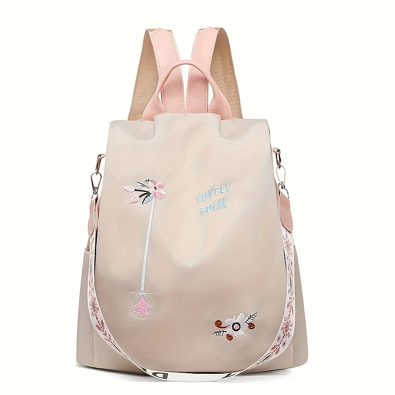 Damen-Rucksack aus Nylon mit Blumenstickerei und mehreren Taschen