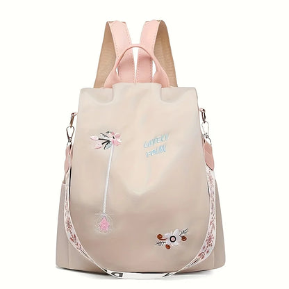 Damen-Rucksack aus Nylon mit Blumenstickerei und mehreren Taschen