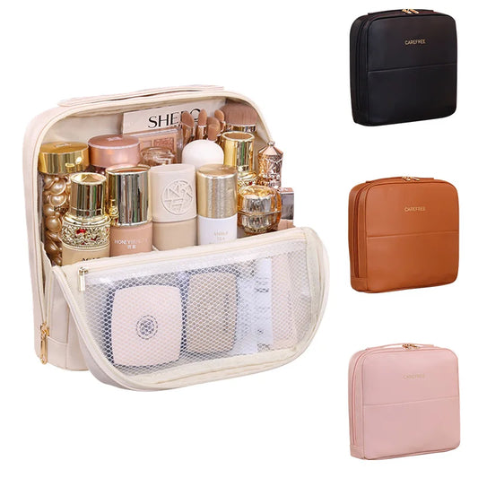 Stehende magnetische Makeup Bag PU Leder schwarz braun standing magnetic makeup bag leather