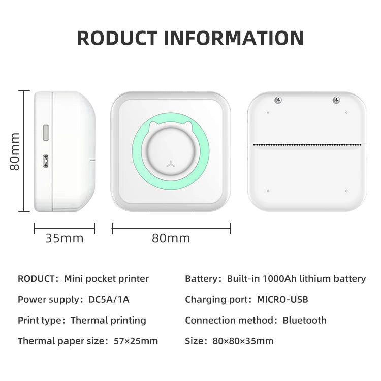Portabler Mini Thermodrucker Bluetooth 203 DPI tintenfrei 57 mm Foto Label Memo