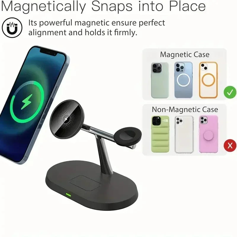 3-in-1 Wireless Ladestation iPhone Apple Watch AirPods MagSafe QC3.0 Schwarz