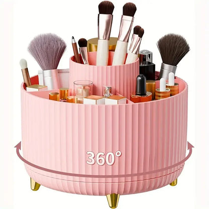 Rosa Kosmetik-Organizer mit geriffelter Außenwand, dargestellt mit Pinseln und Kosmetik