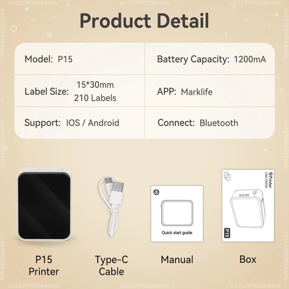 P15 Bluetooth Etikettendrucker Mini Thermodrucker Tintenfrei iOS Android 203 DPI