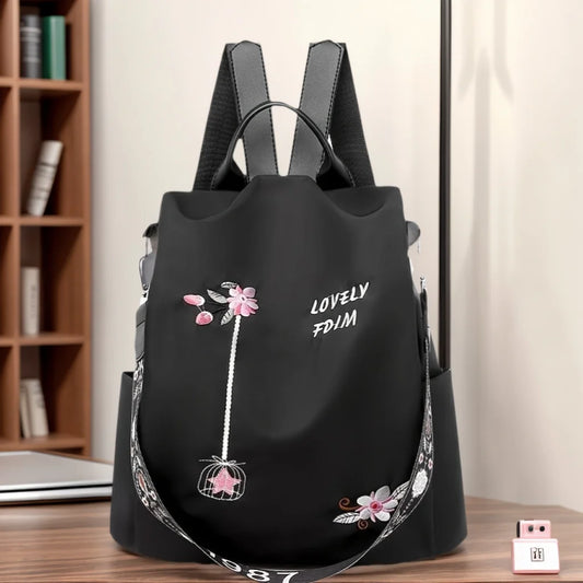 Blumenstickerei Damen Rucksack Nylon blau beige schwarz flower embroidery backpack nylon
