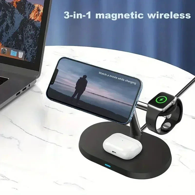 3-in-1 Wireless Ladestation iPhone Apple Watch AirPods MagSafe QC3.0 Schwarz