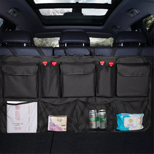 Auto-Organizer Rückseite offene Faecher mit Inhalt backseat storage bag compartments open