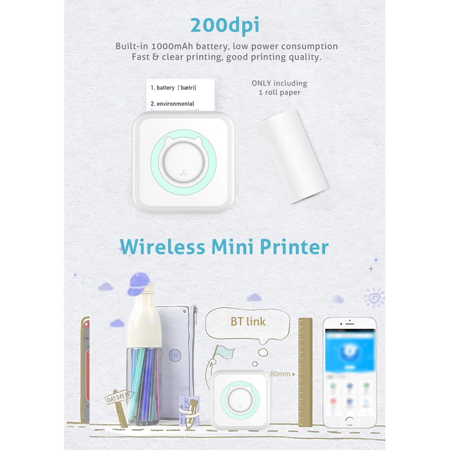 Portabler Mini Thermodrucker Bluetooth 203 DPI tintenfrei 57 mm Foto Label Memo
